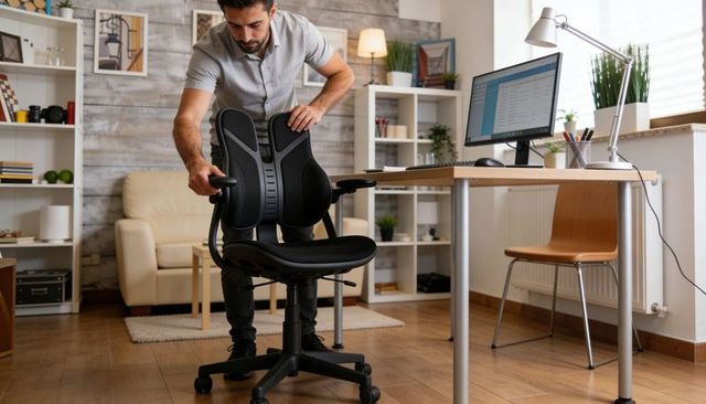 Adjusting ergonomic split-back chair in modern home office workstation