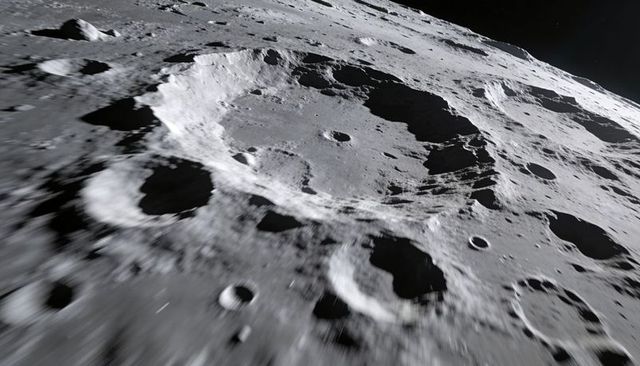Lunar crater close-up revealing terraced walls and deep shadows casting from low-angle sun
