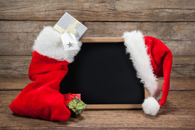 Santa hat and christmas stocking arranged on slate during christmas time