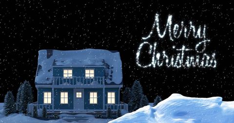 Snow-Covered House with Merry Christmas Text in Night Scene