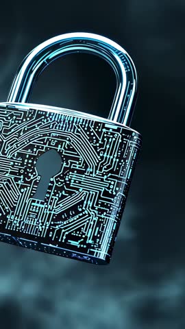 Rotating Digital Padlock with Circuit Glow and Mist Conveying Cybersecurity Protection