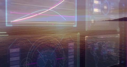 Futuristic digital interface overlay on tranquil ocean with data visualizations