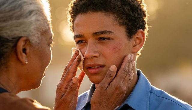 Grandmother comforting teen, wiping cheek after scrape during golden hour outdoor caregiving