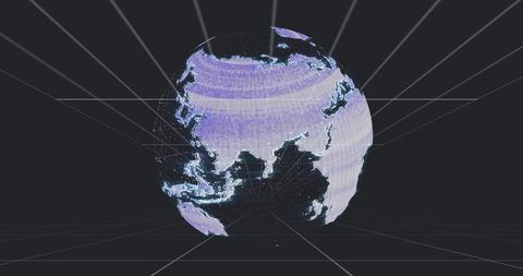 Neon hologram globe showing asia australia with radial grid and wireframe cyber network