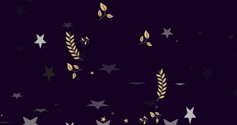 Whimsical golden leaves and stars on dark background