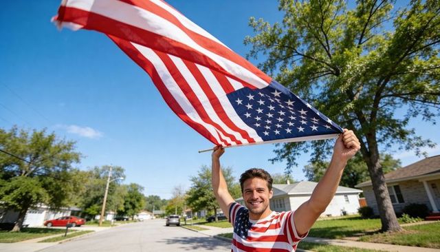 Smiling man waving large american flag on sunny suburban street celebrating patriotism