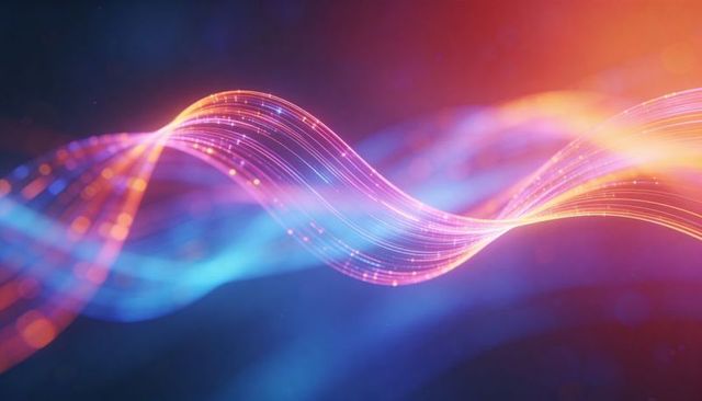 Neon Wave Ribbon Flowing Through Abstract Digital Energy Field with Glowing Particles