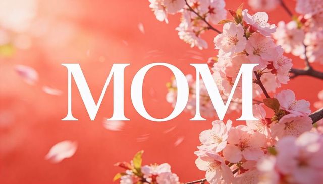 Mom white text with cherry blossom branches and falling petals, warm pastel mother's day