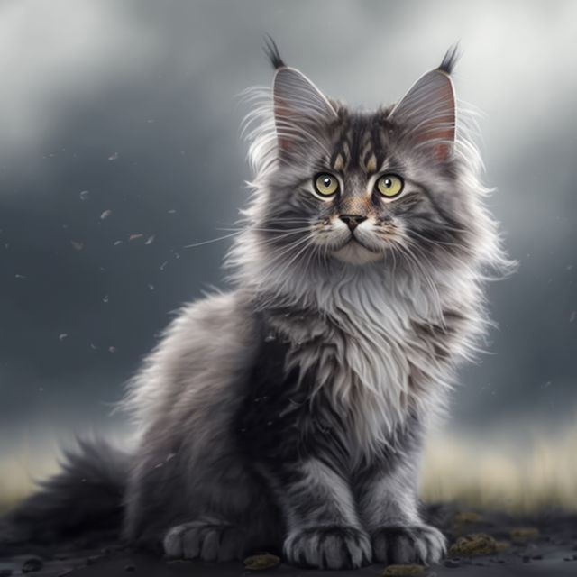 A majestic long-haired Maine Coon cat sitting outdoors, with a background of misty skies. Perfect for topics related to pet care, nature, animals, and for use in pet product advertising or wildlife storytelling.