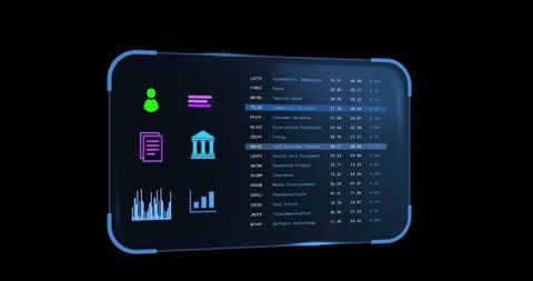 Displaying holographic data dashboard with neon icons and analytics on curved ui panel