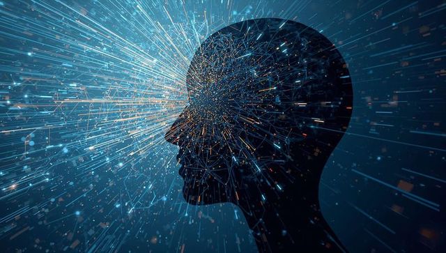 Human head silhouette radiating neural network and data streams in futuristic blue tech