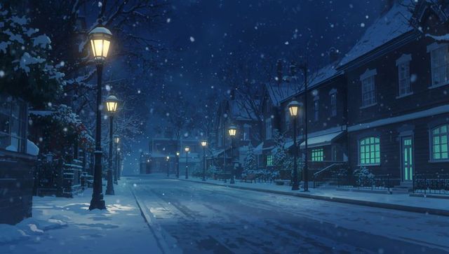Serene winter night street scene with glowing lanterns