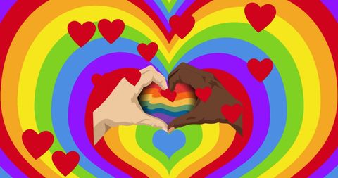 Diverse Hands Forming Rainbow Heart with Love Symbols