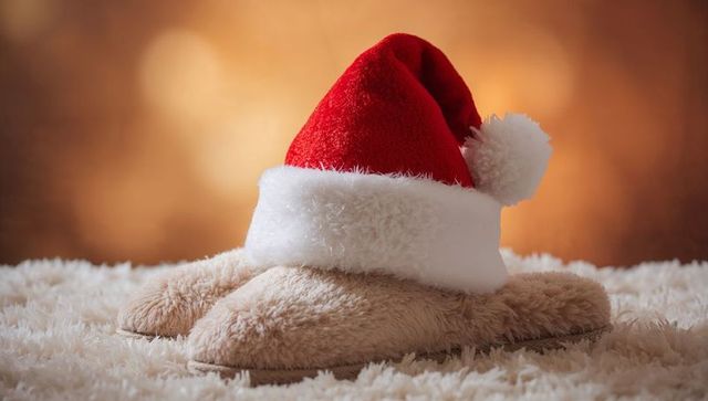 Warming up with santa hat on fluffy beige slippers on cream shag rug with bokeh