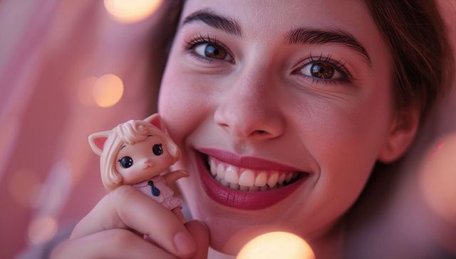 Closeup smiling woman holding collectible cat-eared doll with cozy warm pink bokeh glow