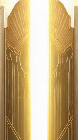 Vertical beam igniting golden portal chamber showcasing art deco geometry and illumination