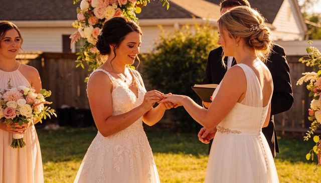 Two brides exchanging rings under floral archway at golden hour backyard wedding ceremony