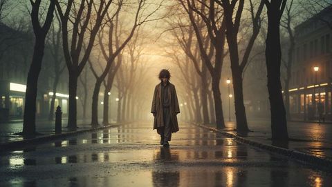 Solitary man strolling misty evening boulevard - shy concept