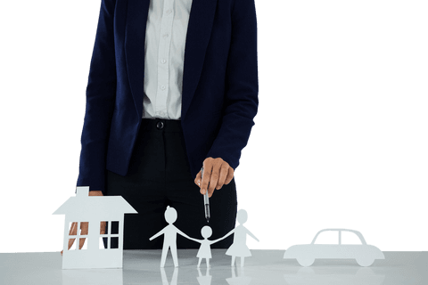 Transparent paper family drawing business woman concept