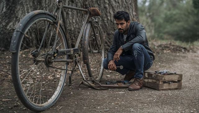 Crouching man repairing rusted vintage bicycle on woodland trail with wooden toolbox and hand tools