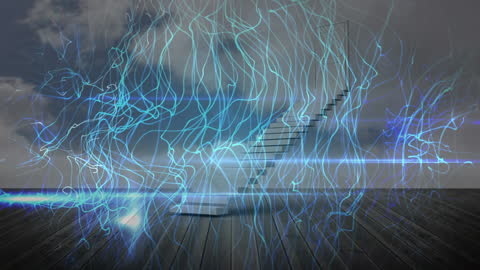 Futuristic Digital Staircase with Light Trails and Cloudy Sky