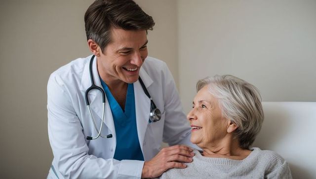 Young doctor reassuring senior patient with gentle touch during warm clinical consultation