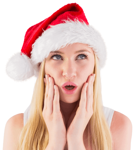 Surprised blonde woman in santa hat on transparent background