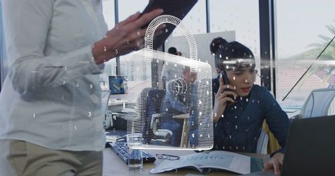 Digital Security Icon Over Busy Office Environment