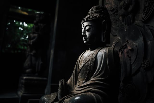 Buddha statue in a dimly lit room exuding tranquility and calmness. Ideal for use in spiritual content, meditation apps, calming backgrounds, and articles on Buddhism or serenity. The play of light and shadow emphasizes the peaceful expression and serene atmosphere.