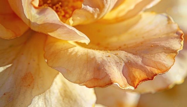 Backlit peach-cream blossom macro with scalloped petals and pollen dusting