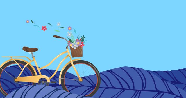 Illustration of yellow bicycle with flowers in basket on vector leaves against blue background. Copy space, abstract, transportation, mobility, awareness, campaign and sustainable concept.