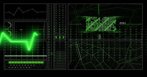 Displaying neon green HUD dashboard showing futuristic digital map waveform and data nodes