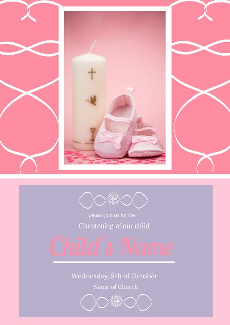 Christening Invitation with Candle and Baby Shoes in Pink Theme - Download Free Stock Templates Pikwizard.com