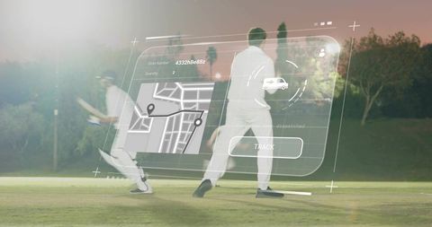 Cricket players running at dusk with holographic delivery map and tracking overlay
