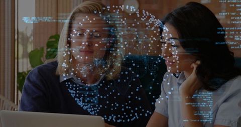 Colleagues Discussing with Digital Data Interface Overlay