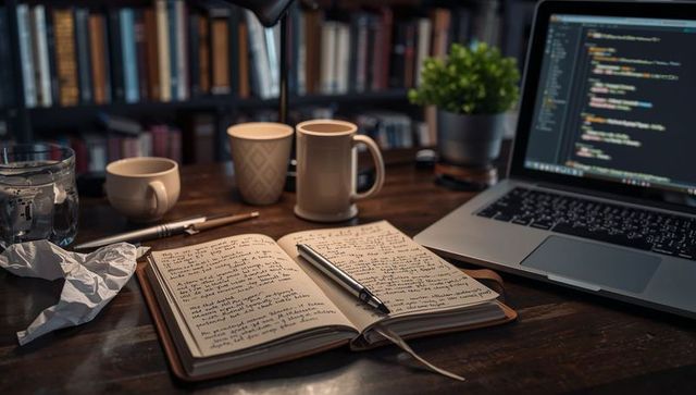 Rustic desk workspace featuring handwritten notebook, pen, coffee mugs and laptop coding