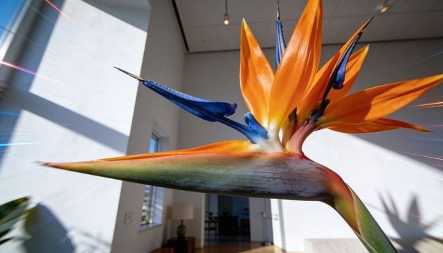 Bird of Paradise Strelitzia in Indoor Window Light Revealing Orange Sepals and Blue Petals