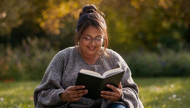 Smiling woman reading hardcover book on sunlit autumn lawn wearing gray knit sweater