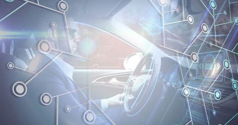 Executive wearing suit driving connected luxury car with HUD and futuristic cockpit