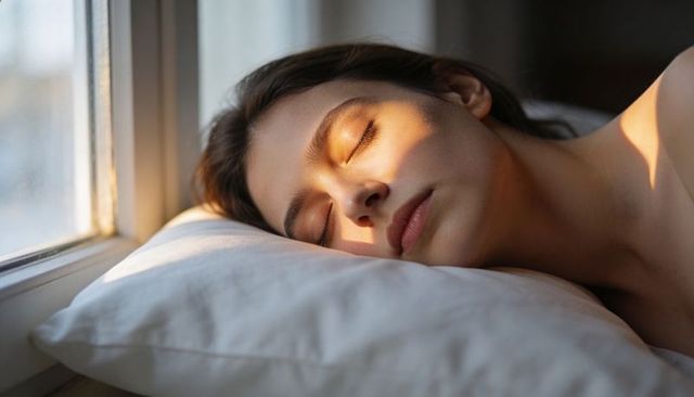 Sleeping young woman basking in warm morning sunlight on pillow by window, minimalist calm