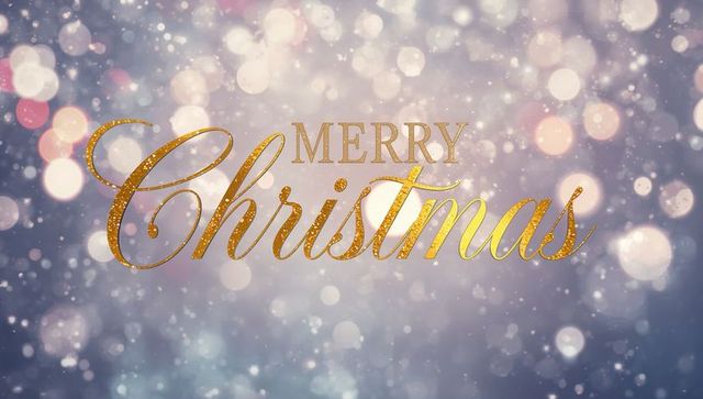 Golden merry christmas calligraphy with sparkling bokeh lights and elegant glitter