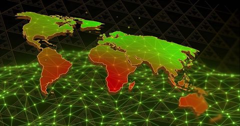Floating Neon Polygonal World Map with Glowing Nodes, Triangular Mesh and Network Grid