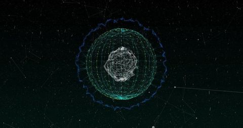 Pulsing wireframe sphere routing data in cyberspace neon geodesic network orb