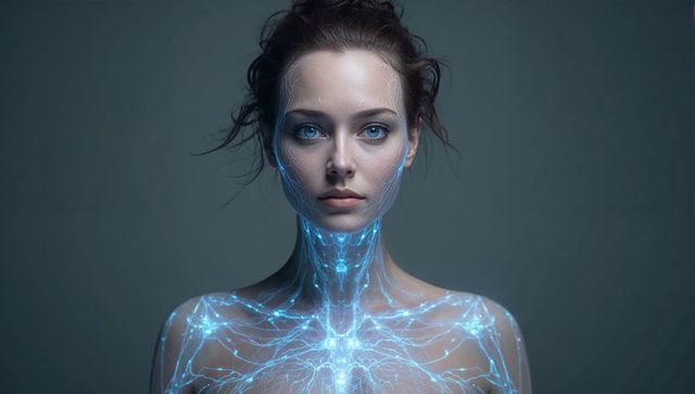 Futuristic woman with bioluminescent neural circuitry glowing across neck and chest