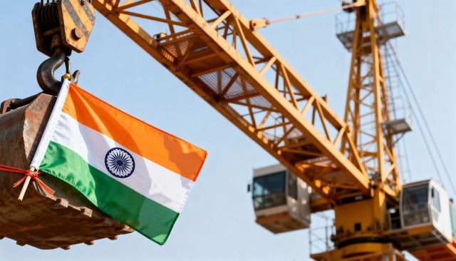 Indian Flag Flying from Crane Hook Over Construction Crane Symbolizing Development and Unity