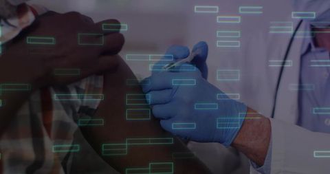 Clinician preparing arm for vaccination wearing blue gloves with digital data overlay