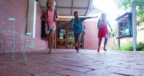 Children Running to School with Digital Pandemic Concept Overlay