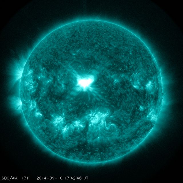 This striking solar flare image shows a significant burst of solar radiation peaking on September 10, 2014. Captured by NASA's Solar Dynamics Observatory, this powerful X1.6 class solar flare highlights the dynamic and often volatile nature of our sun. This image can be utilized for educational materials on solar activity, space weather, or general astrophysics studies. It is suitable for visual exhibits, scientific publications, or media articles explaining solar phenomena and their impacts on space weather systems, including GPS and communication signals.