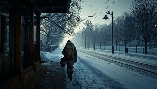 Walking through snowy city at dawn carrying backpack and duffel by tram tracks