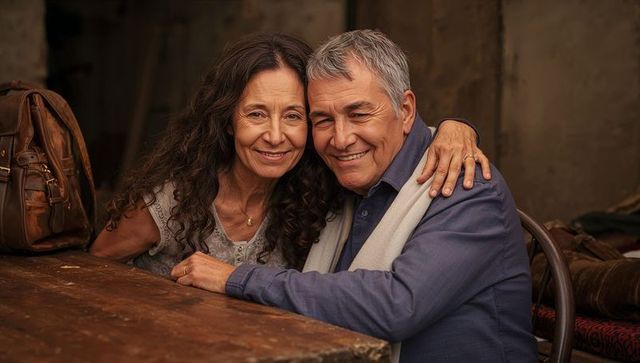 Smiling senior couple embracing at rustic wooden table, warm intimate companionship, travel